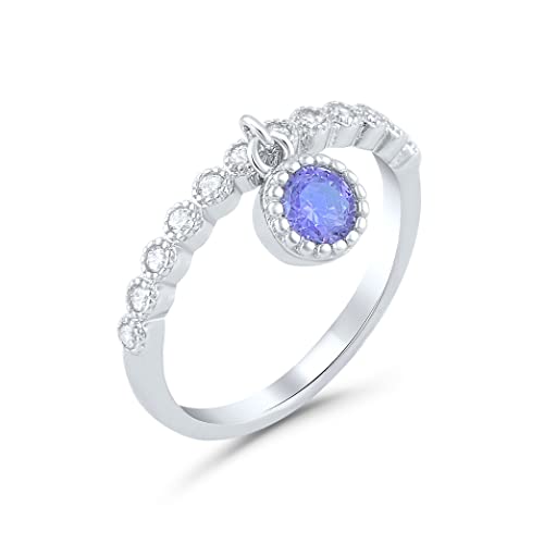 SILVERCLOSEOUT Rhodium Plated Sterling Silver Womens Thin Stackable Purple Cz Cubic Zirconia Dangling Charm Ring - Size 5
