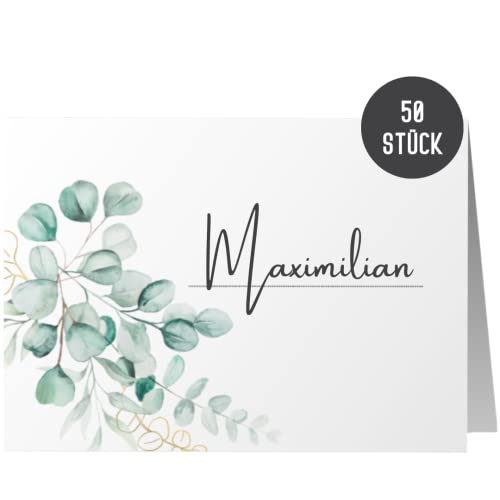 50 Tischkarten Hochzeit by Things of Happiness | Sitzplatzkarten Blanko | Platzkarten, Namensschilder Namenskarten 50er Set im Boho Design (Grün Eucalyptus) Cover