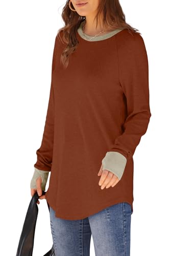 Image of XIEERDUO Womens Tunic Tops to Wear with Leggings Long Sleeve Thumb Hole Shirts Crew Neck Curved Hem