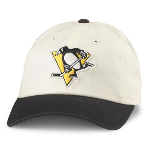 AMERICAN NEEDLE Pittsburgh Penguins Officially Licensed NHL Blue Line Adjustable Snapback Baseball Hat Ivory/Black (EM004A-PPN-IBLK)