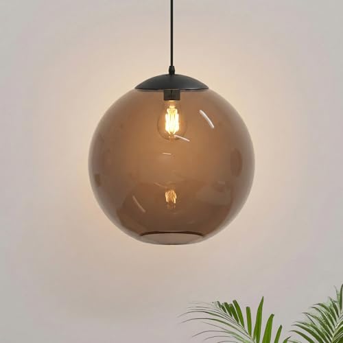 Image of KASTLITE 12 inch Acrylic Globe Pendant Light Fixture, 8W 3000K Filament LED Bulb, Ceiling Mount - Kitchen Pendant Lighting Over Island, Hanging Dining Light, Living Room Lamp - Bronze Shade, Black Base