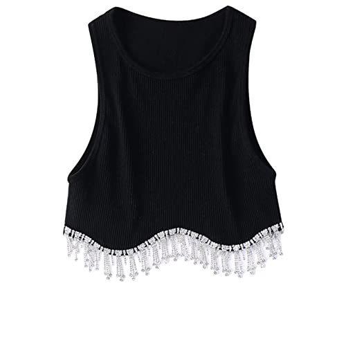 Missactiver Women’s Rhinestone Tassel Crop Tank Top Sexy Sleeveless Round Neck Slim Fit Beading Hem Cropped Vest Tops Black #TOP2