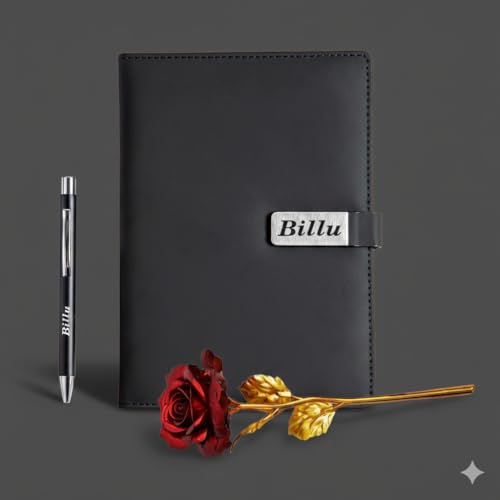 Image of Personalized Diary & Pen Gift Set with Name Engraving | Leather Diary Combo with Decorative Rose | Customizable Gift for Birthday, Anniversary, Valetine & Special Occasions (Black)
