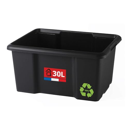 Sundis Scatola portaoggetti da 30L, Nero, L.46,5XL.36,5X H23cm, in plastica Riciclata, impilabili, Ideale per l'officina, Il bricolage o Il Trasporto
