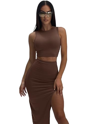 Image of ELLEVEN Sexy 2 Piece Maxi Skirt Sets for Women, Going Out Outfits | High Stretch, Lightweight, Slim Fit, Sleeveless Knit Crop Tank Top, High Slit Skirt Dress Set, Summer Date Night Outfits