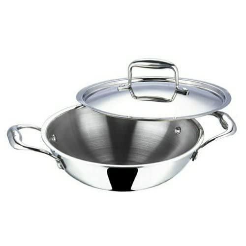 Image of Triply Stainless Steel Kadhai /Kadai with Steel Lid, 16cm,0.82 Liter Capacity, Induction Base, Silver