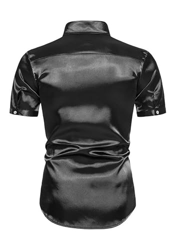 YMING Mens Silk Button Down Shirt Satin Short Sleeve Lapel Dress Shirts Summer Solid Color Shirt Plus Size3