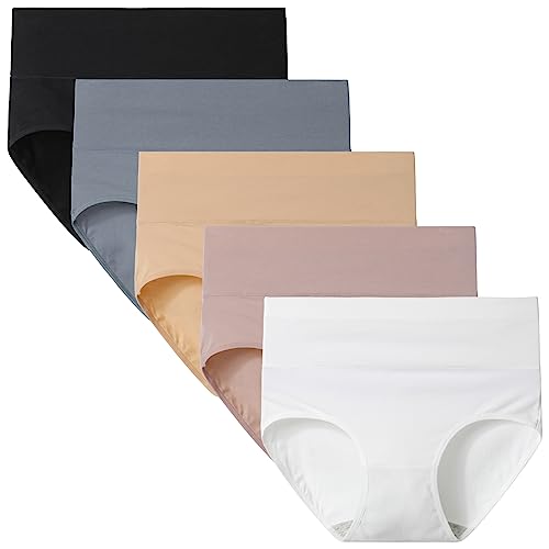 INNERSY Women's High Waisted Underwear Soft Cotton Briefs Panties 5-Pack(Light Mist,Medium)