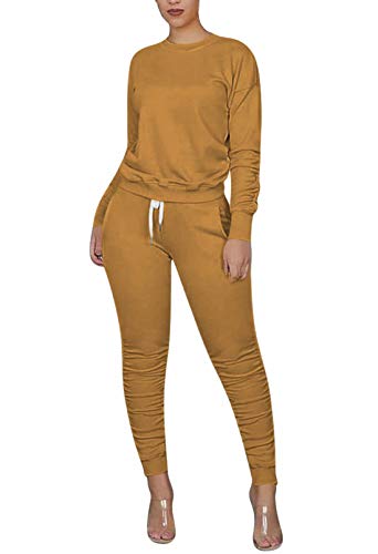 Women 2 Pc Stretchy Lounge Sets Ruched Long Sleeve Top High Waisted Trousers Sport Suits Clubwear Khaki L