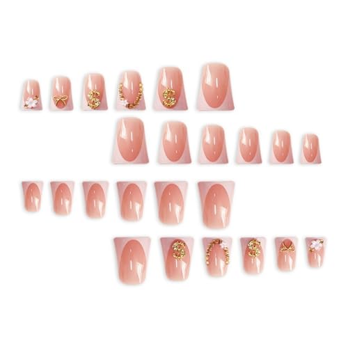Image of White French Tip Press on Nails Duck Fake Nails Bow Nail Press ons with Rhinestone Design Dollar Glue on Nails Reusable Artificial Glossy Full Cover Acrylic Stick on Nail for Women Manicure 24Pcs