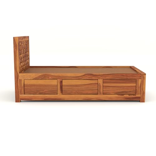 Image of Solid Sheesham Wood Single Size Bed with Box Storage for Bedroom Living Room Single Cot for Home Wooden Palang for Hotel (Honey, Size 6 * 3)