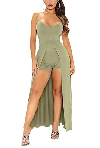 acelyn Womens Sexy 2 Piece Club Outfits – Front Slit High Low Spaghetti Strap Dresses Sleeveless Cami Tunic Tops + Short Sets Jumpsuits Rompers Clubwear (GL6390-Light Green,S)