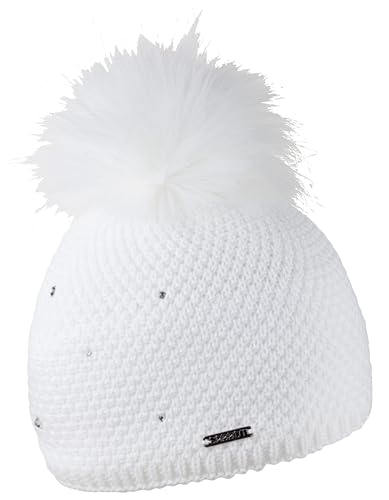 SABBOT Elegante berretto da donna con pompon in pelliccia, fodera in pile, berretto invernale, berretto lavorato a maglia, con strass, berretto caldo, bianco, Einheitsgröße-L