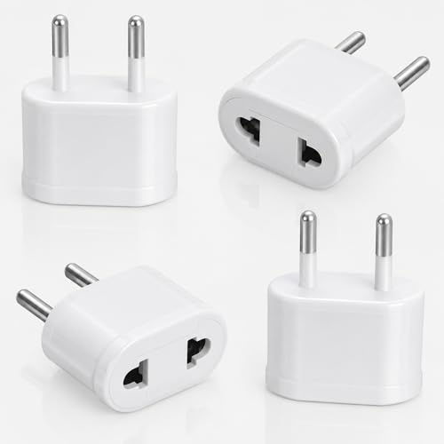 Adaptador de Enchufe de EEUU a Enchufe Europeo, Adaptador de Corriente Americano a Europeo, Enchufe Viaje, 125 ~ 250 V/6 A, potencia máxima a 250 V: 1500W, Blanco, 4 unidades