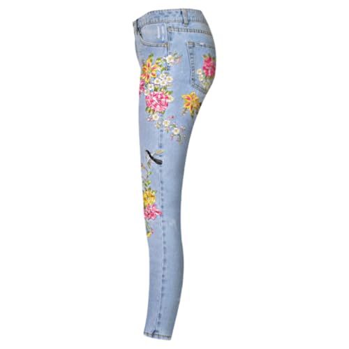 Womens Vintage High Waist Floral Embroidered Straight Jeans Cropped Ankle Length Denim Pants2