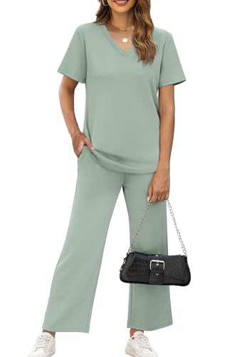 Image of WIHOLL 2 Piece Sets for Women Summer Lounge Set Wide Leg Pants Matching Set Vacation Travel Outfits Beach Clothing