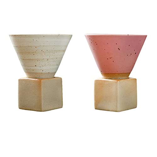 MISNODE 2PCS Vintage Ceramic Personal Tea Cup 200ml Coarse Pottery Espresso Cups Expresso Coffee Cup Tea Accessories with Base for Home Office