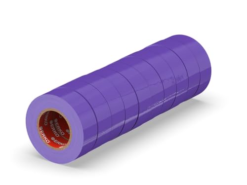 ERKO Cinta aislante 15mm x 10m violeta 10 piezas, adhesiva para instalaciones eléctricas PVC, para aislar y reparar cables eléctricos, extrafuerte, agrupar cables