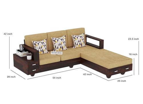 Image of Sheesham Wood 4 Seater L Shape Sofa Set with 2 Drawer Storage | 3+1 Wooden Sofa Set Furniture for Living Room Home Office (L Shape,Walnut)