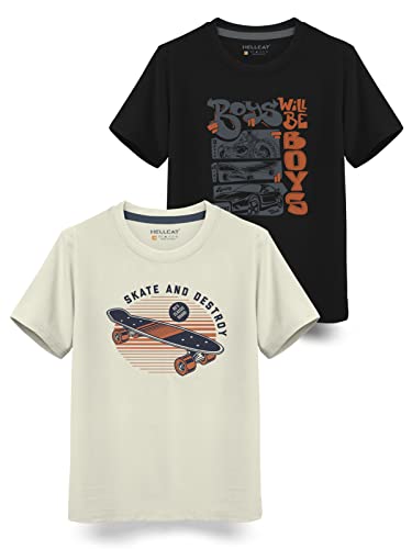 Image of HELLCAT Boys Round Neck Printed Blended Cotton Tshirt -Combo Pack of 2 - Orange /Blue