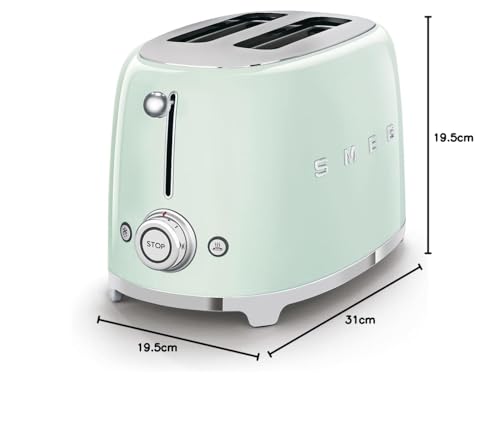 Image of Smeg Toaster, 2 Wide Slot, Original Italian Brand, Patented Smeg Pastel Green, Auto Center for Even Browning, Smart Crumb Tray Drawer, Multi-Use: Defrost, Reheat & Bagel, 6 Toast Level, 950W,TSF01PGEU