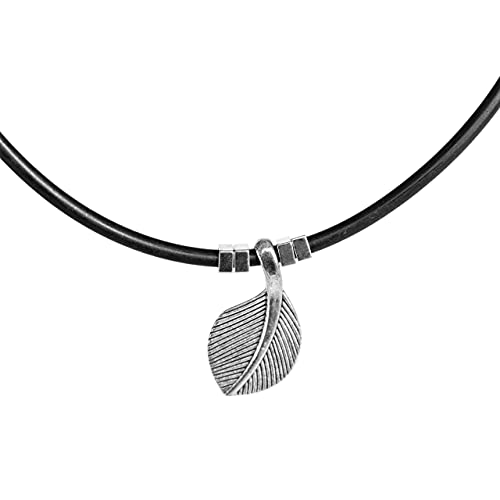 Men's Choker, Handmade Black Vegan Silicon and Silver Plated Leaf Pendant Necklace, Boho Tribal Jewelry for Guys by Magoo