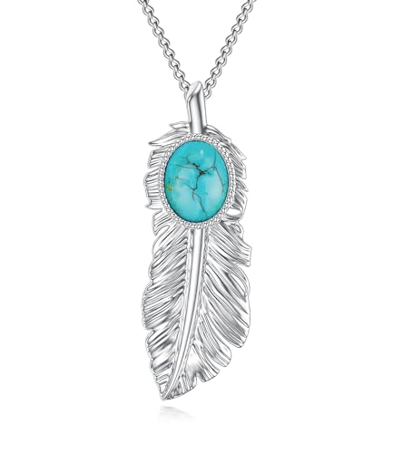 WSX Collar con colgante de turquesa real para mujer, estilo occidental, plata de ley 925, colgante de plumas nativas americanas para mamá, esposa, ella, joyería bohemia