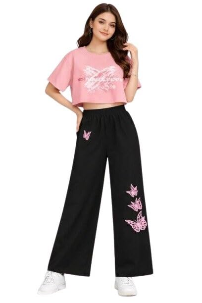 Girls Casual Cotton Outfit Crop Top Palazzo Set Butterfly Print Comfortable Daily Use