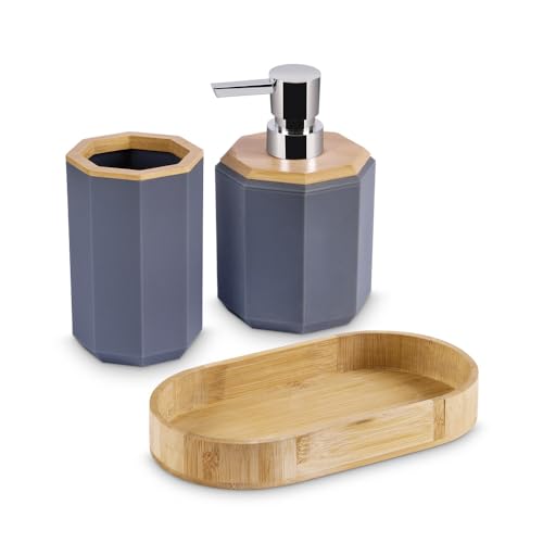 Image of Freelance Portofino ABS Bathroom Accessories Set of 3, Grey- Liquid Handwash Soap Dispenser, Tumbler, Tray - Plastic Set for Wash Basin - Stronger Than Ceramic
