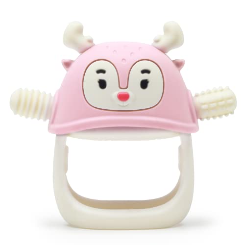 Image of Smily Mia Reindeer Baby Teethers for 3-6Months Baby Girls, Never Drop Silicone Baby Teething Mitten for 6-12Months, Soft Massaging Nubs for Teething Pain Relief, Light Pink
