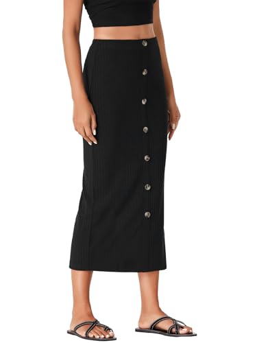 Vrtige Women's Stretchy Knit Pencil Skirt Elastic High Waist Button Split Bodycon Midi Skirt4