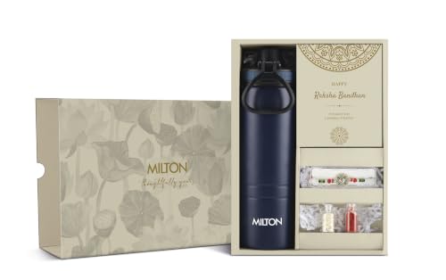 Image of Milton Woven Wishes Raksha Bandhan Gift Set Comes with Sparkle 600 Vacuum Insulated Thermosteel Water Bottle 620 ml, 1 Pc Rakhi & Roli KumKum Chawal, Brother Sister Festive Gift Hamper, Navy Blue