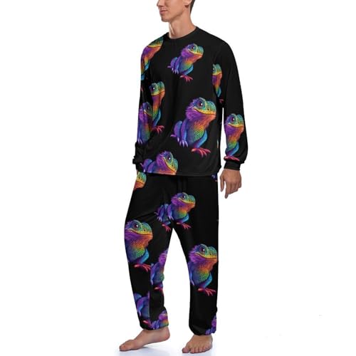Colorful Bearded Dragon Mens Pajama Set Soft Long Sleeve Sleepwear Lounge Set Pjs2