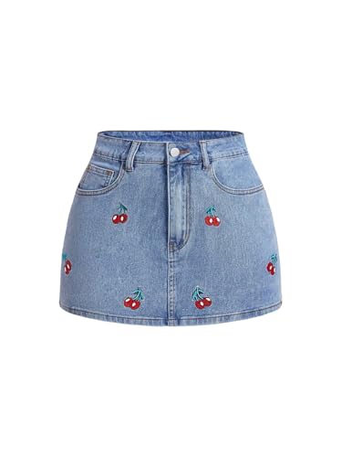 WDIRARA Women's Cherry Embroidered Bow Knot Bodycon Denim Skirt Y2k Stretch Mini Jean Skirts