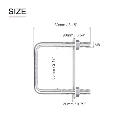 Image of DTGN M8x55x80mm(ThreadxWxL) Square U Bolt - 5Pack - Good for Trailer Pipe Replacement Parts - 304 Stainless Steel U Shape Bolts