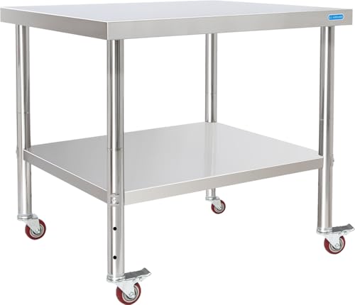 KUARBARR Stainless Steel Table for Prep &amp; Work with 4 Caster Wheels with Undershelf 30 x 36 NSF Metal Commercial Kitchen Adjustable Under Shelf Worktable for Restaurant Home Outdoor