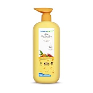 Mamaearth Ubtan Moisturizing Body Lotion with Turmeric & Saffron for Glowing Skin 400 ml | 48H Moisturization | Nourishes Dry Skin | 7in1 Total Care | 100% Natural Butter | Non-Greasy Smooth Skin