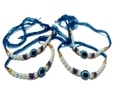 Evil Eye Protection Rakhi with Pearl and Blue Beads on Blue Thread, Pack of 4-image-24