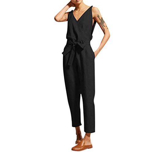 Susenstone Combinaison Salopette Femme Chic Soldes Été, Loose Coton et Lin Grand Taille Pantalon Large Combishort Pas Cher Baggy Jumpsuit avec Ceinture