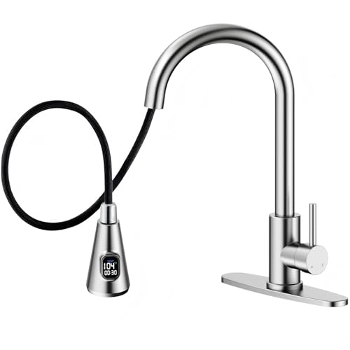 HOMELODY LED Temperature Display Kitchen Faucet with Pull Down Sprayer - Brushed Nickel Single Handle Kitchen Sink Faucet, High Arc Stainless Steel Design for RV Laundry Farmhouse Bar
