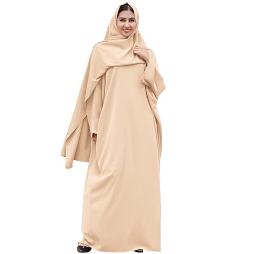 IDOPIP Abayas for Women Muslim Dress with Hijab, One-Piece Long Sleeve Islamic Prayer Dress with Khimar Jilbab Kaftan Clothes