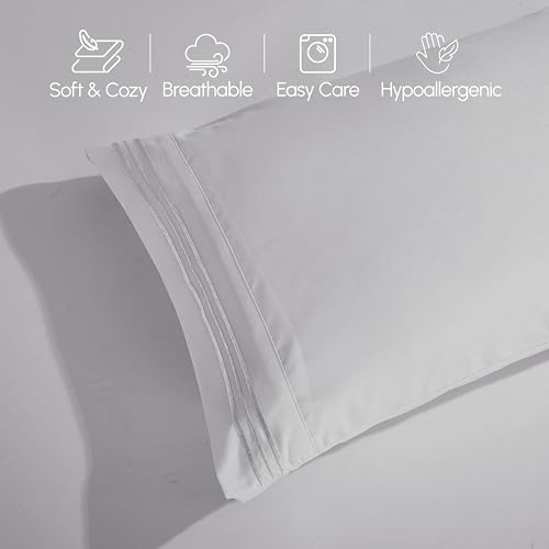 Image of Elegant Comfort Luxurious 1500 Premium Hotel Quality Microfiber Three Line Embroidered Softest 4-Piece Bed Sheet Set, Wrinkle and Fade Resistant, Queen, Silver-Light Grey