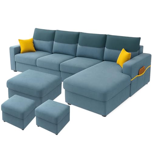 Image of Furny Tokiaa 8 Seater Fabric RHS L Shape Sofa Set with 1 Centre Table & 2 Puffy (Sky Blue) | Soft Velvet Fabric | Modern Design | Comfortable Seating | Living Room Furniture