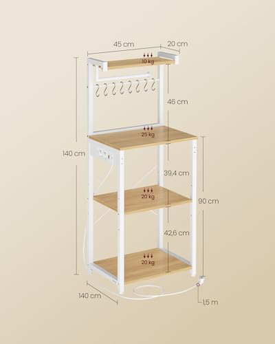 VASAGLE Estantería de Cocina con Enchufe Múltiple, Barra de Café de 4 Niveles con Estante Ajustable, 8 Ganchos S, Soporte de Microondas, 40 x 45 x 140 cm, Roble Dorado y Blanco Nube KKS013YA06 - imagen 2