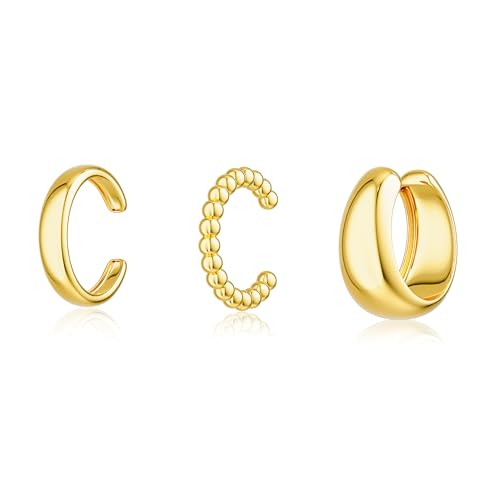 Moodear Chunky/Thin 3Pcs Ear Cuffs Non Piercing - Dainty 14K Gold Plated Cuff Hoop Huggie Earring Trendy Ear Cuff for Women Cartilage