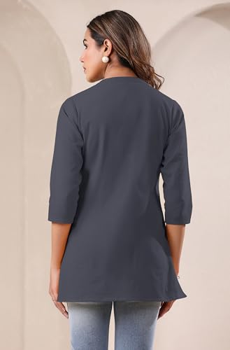 Image of Janasya Women's Light Blue Linen Cotton Solid A-line Top