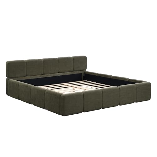 Image of Harper & Bright Designs King Size Upholstery Platform Bed with Thick Headboard, Boucle Platform Bed with Solid Wood Slats, Upholstery Grounded Beds, Easy Assembly, Green