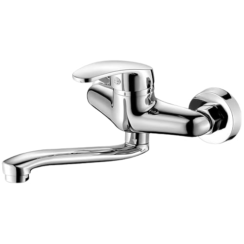 GAOUTO Robinet mural, robinet de cuisine en acier inoxydable rotatif à 360 °, bras pivotant de 25 cm, robinet de cuisine, mitigeur à levier unique froid et chaud