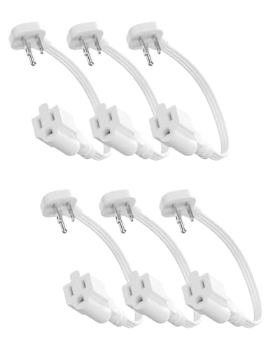 Image of Flat Plug Short Extension Cord 1Ft White Low Profile Adapter 3 Prong Indoor Small Grounded Power Cable Outlet Saver 16AWG 13A 1625W 6 Pack