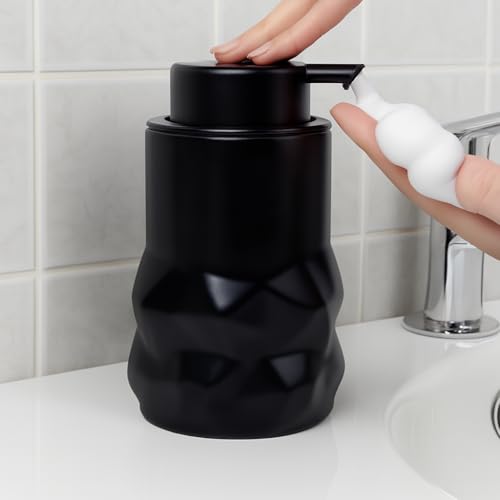 BosilunLife Black Foam Soap Dispenser, Ceramic Foaming Hand Wash Dispenser for Bathroom Modern Stylish Farmhouse Small Soap Dispenser Foam Hand Pump Dispenser for Kitchen Sink (Diamond Shape
